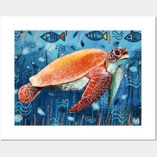 Turtle swimming in the ocean Posters and Art